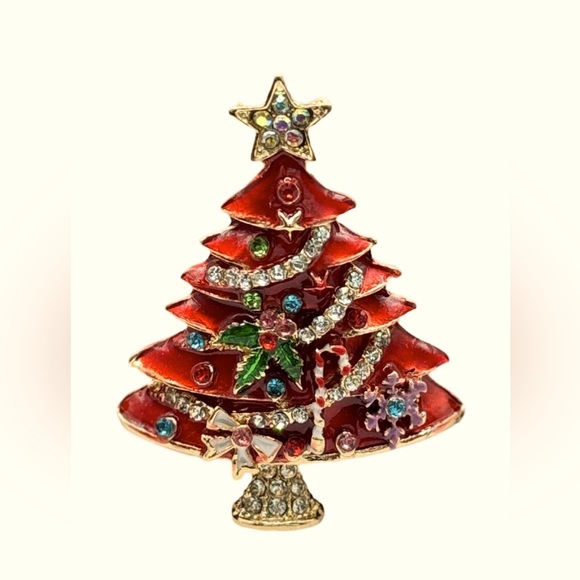 🌻 3/$25 Beautiful Red Rhinestones Christmas Tree Brooch - Picture 2 of 8